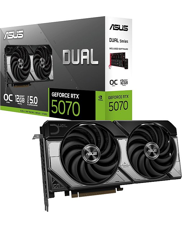 ASUS Dual GeForce RTX 5070 12GB GDDR7 OC Edition Gaming Grafikkarte (NVIDIA Blackwell Architektur und DLSS 4, 2,5-Slot Design, SSF, PCIe 5.0, 3X DisplayPort 2.1b, 1x HDMI 2.1b, DUAL-RTX5070-O12G)
