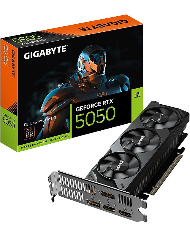Gigabyte GeForce RTX 5050 OC Low Profile 8G Grafikkarte - 8GB GDDR6, 128bit, PCI-E 5.0, 2587MHz Kerntakt, 2 x DP, 2 x HDMI, NVIDIA DLSS 4, GV-N5050OC-8GL