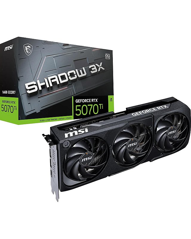 MSI GeForce RTX 5070 Ti 16G Shadow 3X OC — 16GB GDDR7 (28Gbps/256-bit), PCIe 5, Boost: 2482 MHz, HDMI 2.1b, DisplayPort 2.1b