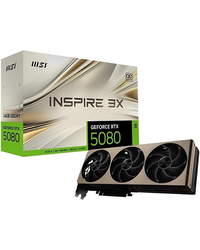 MSI GeForce RTX 5080 16G Inspire 3X OC — 16GB GDDR7 (30Gbps/256-bit), PCIe 5, Boost: 2640 MHz, HDMI 2.1b, DisplayPort 2.1b, DLSS 4