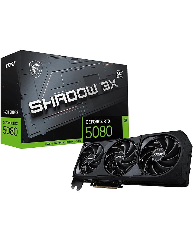 MSI GeForce RTX 5080 16G Shadow 3X OC — 16GB GDDR7 (30Gbps/256-bit), PCIe 5, Boost: 2640 MHz, HDMI 2.1b, DisplayPort 2.1b